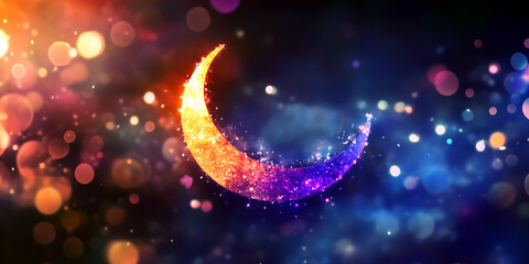 Stylized Crescent Moon with Vibrant Bokeh Lights