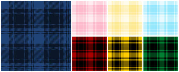 Tartan plaid pattern in dark navy blue, red, yellow, green, pink and light blue set. Vector straight seamless check pattern for plaid fabric, flannel shirt, blanket, clothes, tablecloth, textile.