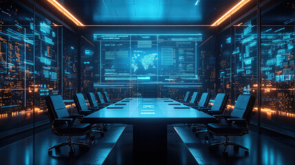 Futuristic Conference Room with Digital Screens and Data Interfaces