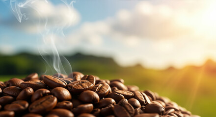 Obraz premium Steaming freshly roasted coffee beans with countryside landscape and blue sky background. Farm to cup coffee concept showing origin and freshness of morning beverage