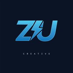 ZU Thunderbolt Monogram – Futuristic Electric Logo with Bold Blue Energy Strike