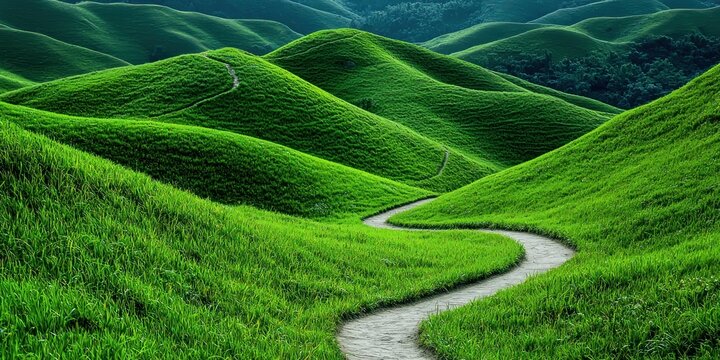 A scenic hiking trail winding through the lush green hills