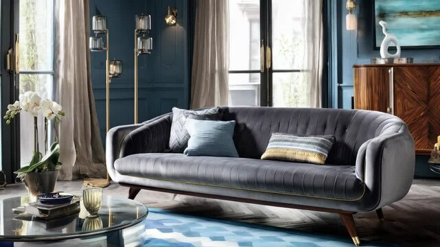 Elegant living room interior with a gray velvet sofa, decorative pillows, coffee table, and wooden sideboard displaying contemporary artwork.