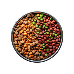 Assorted Dry Pet Food in a Metal Bowl, Top View