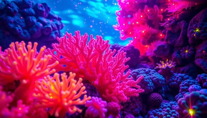 Bioluminescent coral reef, neon hues, psychedelic underwater scene,  aquatic plant, algae
