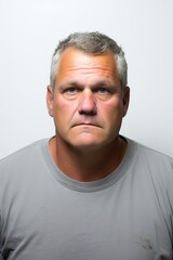 Obraz premium Mature caucasian male with short hair in gray shirt against white background