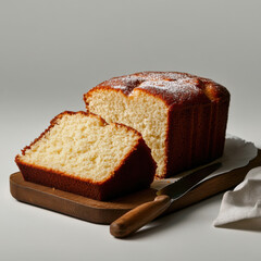 Freshly baked loaf of pound cake sits on wooden cutting board, with slice cut to reveal its soft, moist texture. cake is lightly dusted with powdered sugar, adding touch of sweetness
