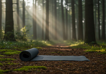Yoga mat in a sunlit forest path