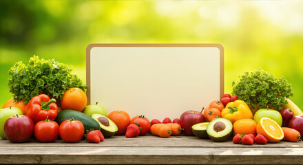 Fresh fruits and vegetables surrounding blank sign board on wooden table with blurred green nature background. Colorful healthy food frame for nutrition, farmers market and organic food promotions