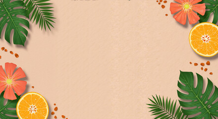 Tropical frame with monstera leaves, palm fronds, orange slices and coral hibiscus flowers on beige background with copy space. Summer banner for beach parties, tropical events and exotic vacations