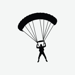 Skydiver Silhouette with Parachute in Mid-Air – Vector Adventure Scene with Clouds and Airplane on White Background
