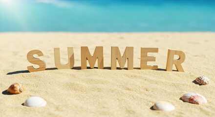 Wooden letters spelling SUMMER on sandy beach with seashells and blue ocean background. Seasonal vacation concept for travel agencies and holiday destination promotions