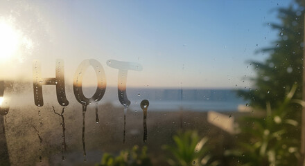 Word HOT written with finger on steamy window with ocean and sky view. Summer heat concept for weather forecasts and seasonal temperature rise promotions