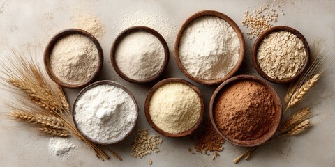 Wooden bowls overflowing with various types of flour and grains, accented by wheat stalks