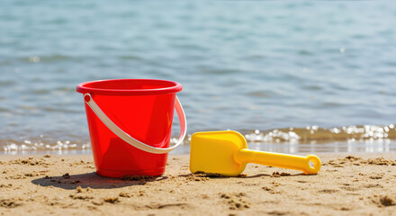 Red plastic bucket and yellow toy shovel on sandy beach with waves in background. Children's beach toys for sand play and castle building during summer vacation