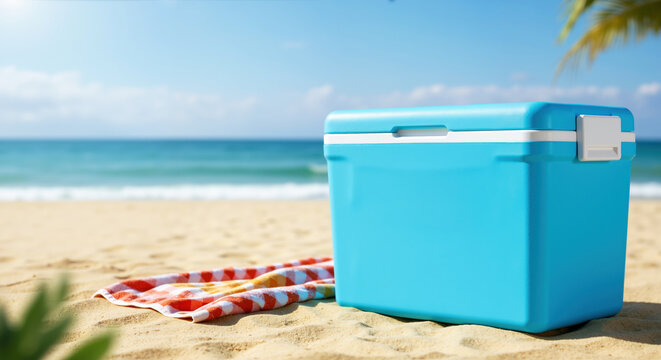 Blue portable cooler box with red checkered towel on sandy beach with ocean waves in background. Essential picnic accessory for keeping food and drinks cold during summer outings