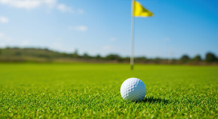 Obraz premium White golf ball on green putting green with yellow flag pole in blurred background. Professional golf course setup for summer sport. Element of prestigious outdoor leisure activity