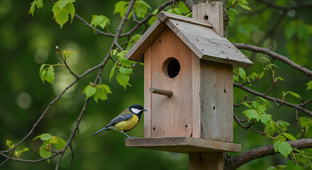 Yellow-breasted bird perched on wooden birdhouse platform surrounded by fresh green spring leaves on tree branches. Natural wildlife habitat for garden birds and backyard nature observation