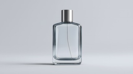 Perfume advertisement, luxury and minimalism: Clear glass scent bottle, symmetrical layout.