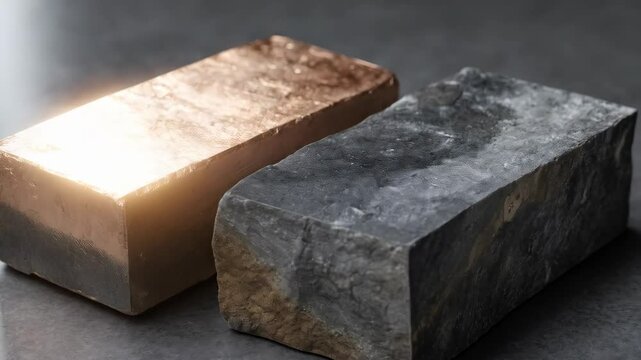 Rectangular metal ingots and stone blocks placed next to each other on gray surface, studio shot of geological samples