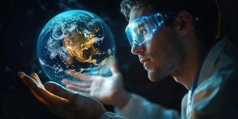 A scientist interacting with a floating 3D hologram of the Earth