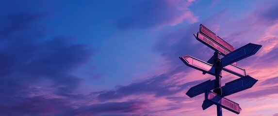 Diverse traffic signs and directional arrows for medical career paths under twilight sky, ideal for medical education infographics and career guidance materials.