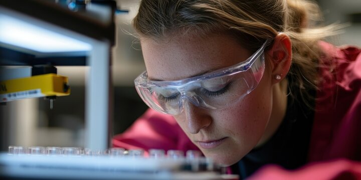 A scientist wearing protective glasses carefully analyzing a test tube in a high-tech lab