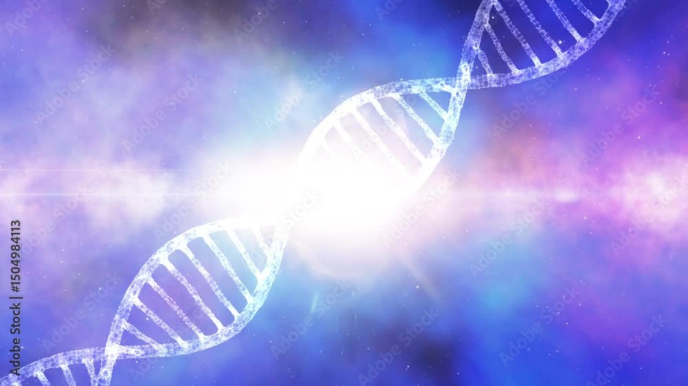 Poster glow shine cosmos with 3d dna glowing dna chain loop rotation.