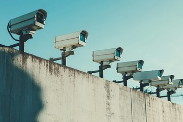 Surveillance cameras mounted on a concrete wall under clear sky