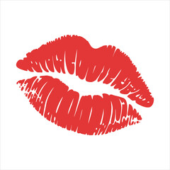 Bold red lipstick kiss mark illustration on white background representing affection and love