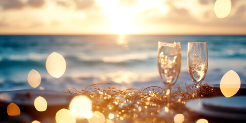 Romantic summer beach wedding with golden sunset and ocean waves