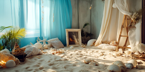 Tropical summer beach setting with sand and vibrant coastal decor
