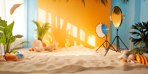 Tropical summer beach setting with sand and vibrant coastal decor