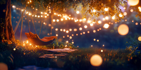 Golden sparkling bokeh lights creating magical summer evening glow