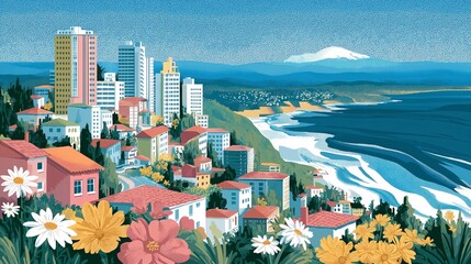 Coastal Cityscape with Flowers