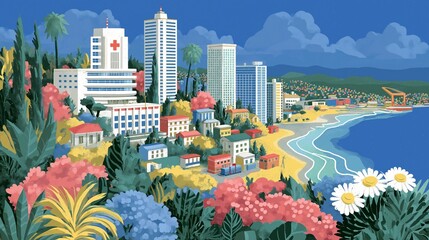 Coastal City with Hospital and Flowers