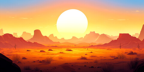 Sun drenched desert dunes with hazy golden light