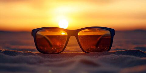Sunglasses on sandy surface with soft background focus