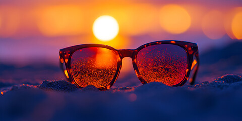 Sunglasses on sandy surface with soft background focus