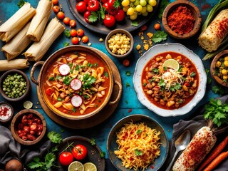 An overhead shot of a vibrant spread of mexican dishes and ingredients