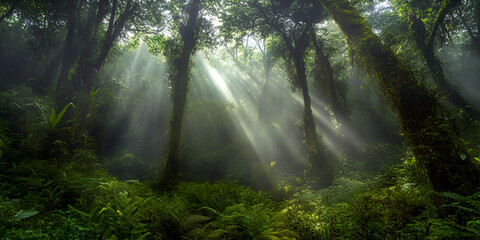 Sunlight filtering through dense lush forest with morning mist