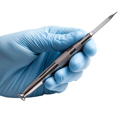 Hand in blue glove holding scalpel isolated on white background