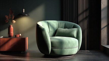 Modern Velvet Armchair 3D Render with Swiveling Base and Nightstand on Dark Flooring