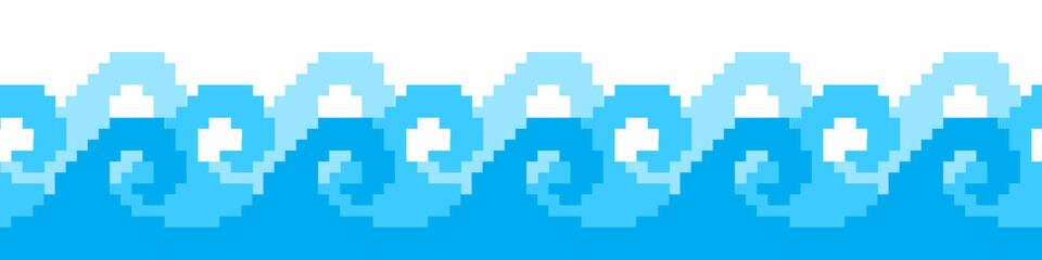 Obraz premium Pixel sea wave icon vector for ocean, retro water motion, surfing theme, or maritime pixel design. Ideal for beach style, pixel animation, and summer gaming UI assets.