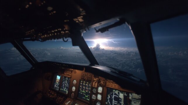 Thunderstorm encounter flight cockpit aerial photography night sky pilot's perspective aviation safety
