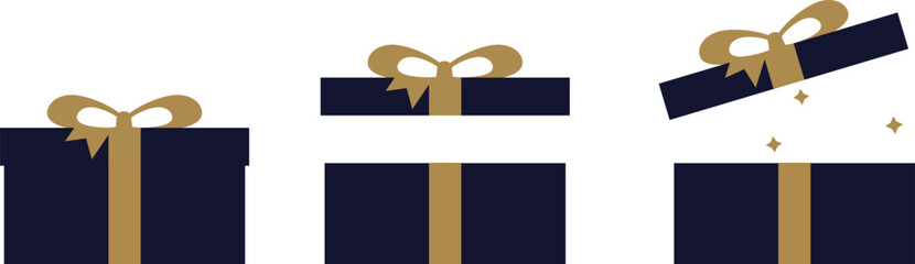 gift boxes closed and open set. luxury dark blue and gold color vector illustration