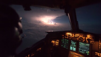 Pilot views lightning storm from cockpit at night aviation photography atmospheric conditions aerial perspective