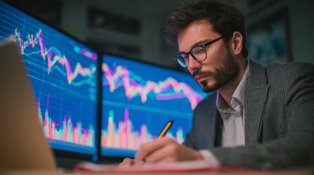 Analyzing financial trends office space digital data nighttime close-up market insights for investors