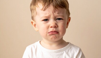 Fototapeta premium Portrait photo of a little boy crying while looking at the camera with simple background