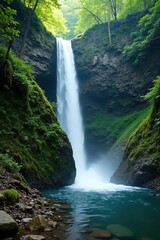 Fototapeta premium Majestic waterfall cascading down mossy rocks , nature, mok fah, wild